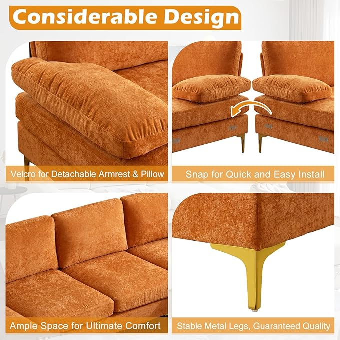 VINGLI 110 Sectional Couches for Living RoomU Shape Couch with Double Chaise 4-Seat Sofa Set with Chenille Fabric for Home FurnitureBurnt Orange