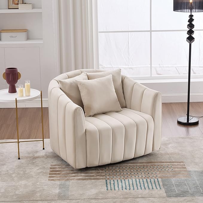 KEIKI 40.3 Oversized 360° Swivel Barrel Chair with Pillows - Velvet Upholstered Channel Tufted Accent Armchair Mid-Century Modern Lounge Chair for Living Room Bedroom Office - Beige