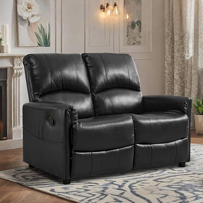 48 Manual Recliner Chair Set PU Leather Upholstered Reclining Sofa Chair with Cup Holders Side Pockets for Living Room Furniture Rest Reading Watching TV (Black Loveseat)