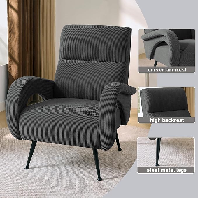 Corduroy Accent Chairs for Living Room High Back Reading Chairs for Bedroom Mid-Century Modern Comfy Upholstered Armchar for Bedroom Reading Nook Apartment Dark Grey