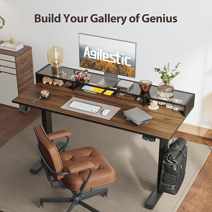 Agilestic Glass Standing Desk with Storage 48 Inch Electric Adjustable Desk with Glass Shelf Sit Stand Up Home Office Computer Table Splice Board Dark Walnut