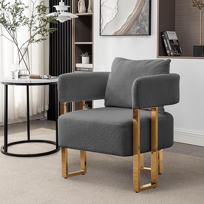 TS Modern Decorative Chair Living Room Side Chair with Gold Metal Legs no Wheels Suitable for Dressing Area Reception Room OfficeTeddy Fleece upholstered Metal Foot Sofa 1PC Grey