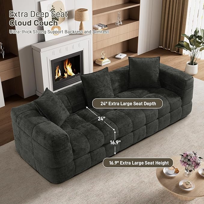 89.8 Chenille Cloud Sofa Couch with 3 Soft PillowsComfy Upholstered Chenille 3 Seater LoveSeat SofaModern Deep Seat Sherpa Cloud Couch Oversized Love Seat for Living RoomBlack Grey