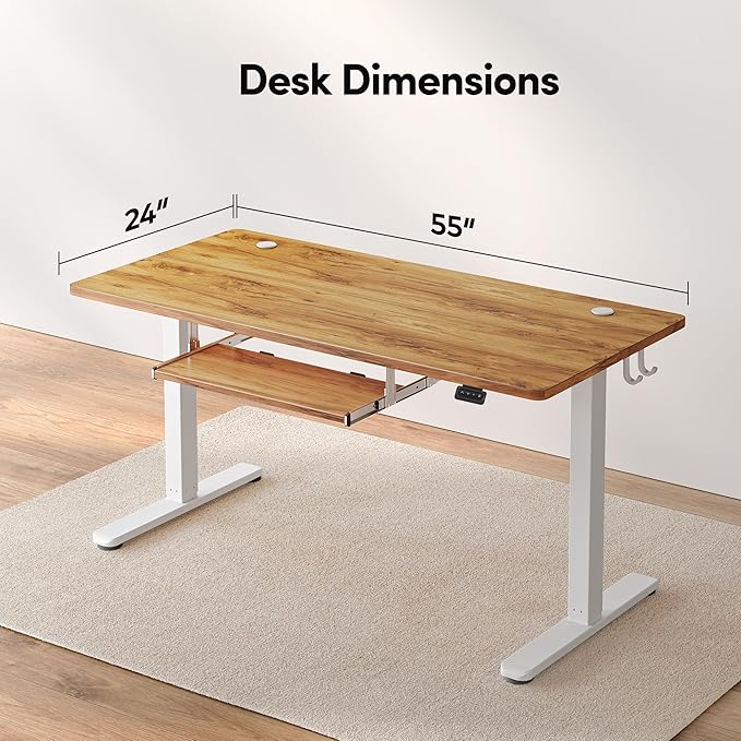 FEZIBO Standing Desk with Keyboard Tray 55 x 24 Inch Adjustable Height Sit Stand Desk with Memory Presets for Home Office Ergonomic Computer Workstation Light Rustic