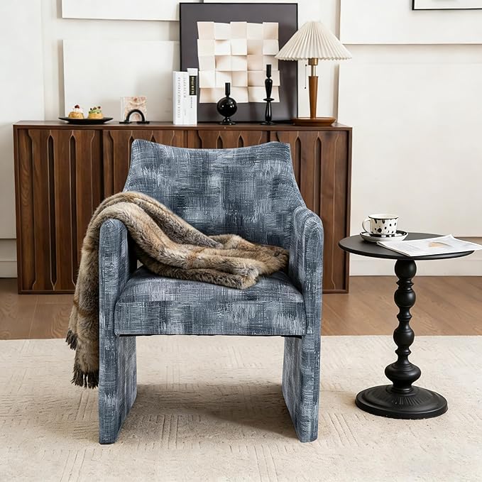 Mid-Century Chenille Accent Chair Geometric Open-Back Upholstered Armchair with Non-Slip Frame Cozy Reading Chair for Home &amp Office (Gray Black)