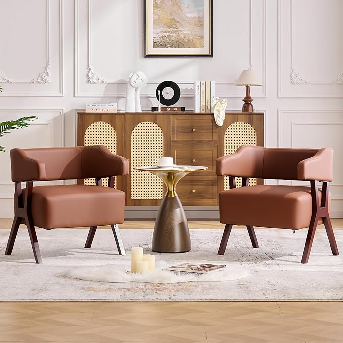 JIASTING Barrel Accent Chairs Brown Leather Chairs with Solid Wood Frame Mid-Century Modern Wooden Armchair with Wraparound Back Comfy Office Reading Chair for Living Room Bedroom (2 Brown)