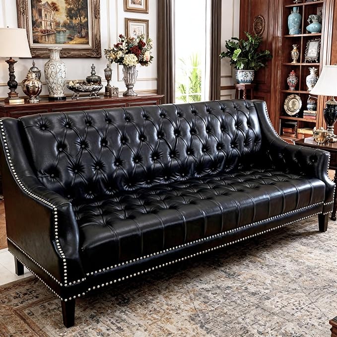 chairus Mid-Century Modern 74.5 Faux Leather Sofa Tufted Upholstered 3 Seater Couch with High Back &amp Nailhead Trim Chesterfield Sofa for Living Room Bedroom Apartment Office Black PU