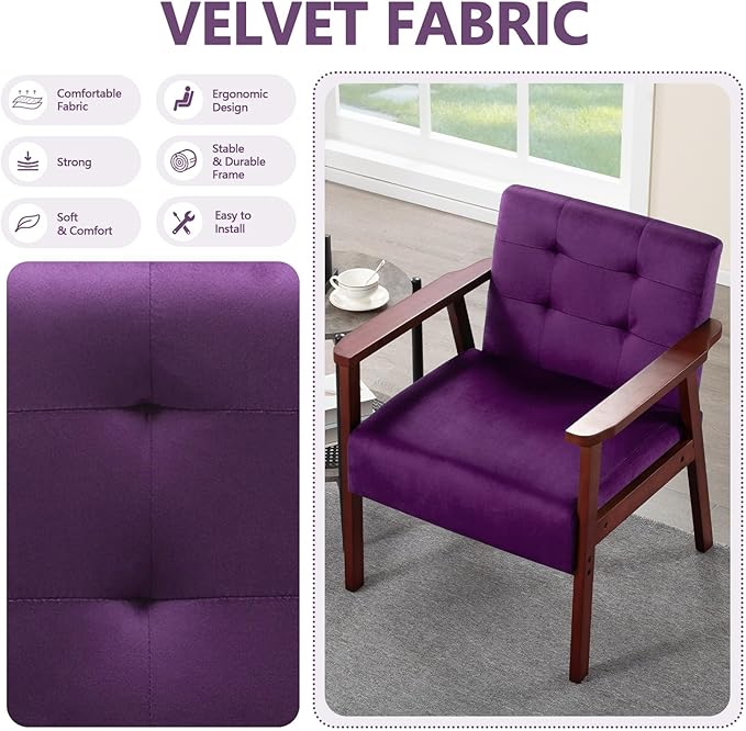 Anwick Mid-Century Modern Accent ChairPU Leather Living Room Chair with Solid Wood FrameComfy Armchair Lounge Reading Chairs for Bedroom Office (Purple)