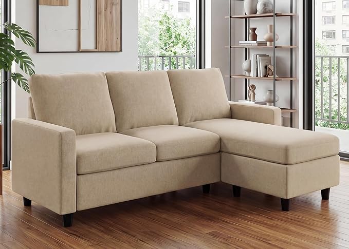 HONBAY L Shaped Couch with Linen FabricConvertible Reversible Sectional Sofa for Small Space Dark Beige