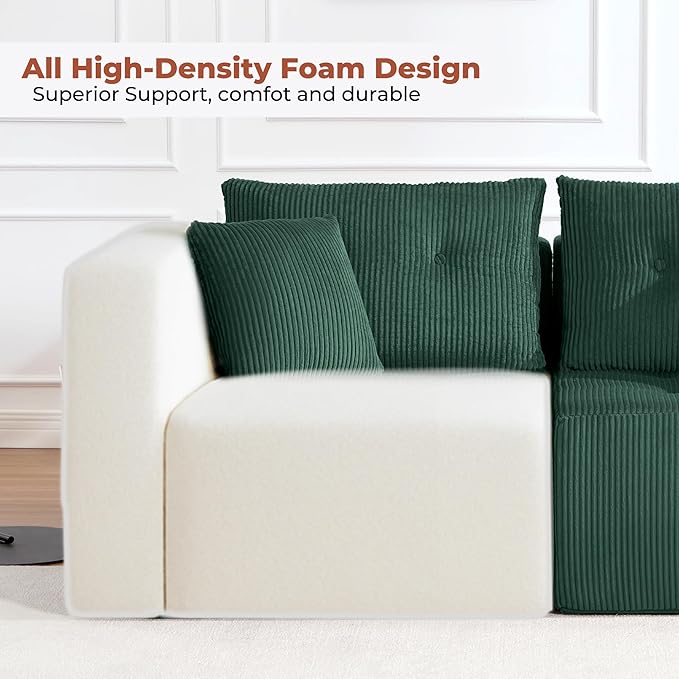 100 U Shaped Modular Sectional Sofa Oversized 5-Seater Boneless Tufted Cloud Couch with Cup Holder and Movable Ottoman Corduroy Upholstery Couches for Living Room No Assembly Green