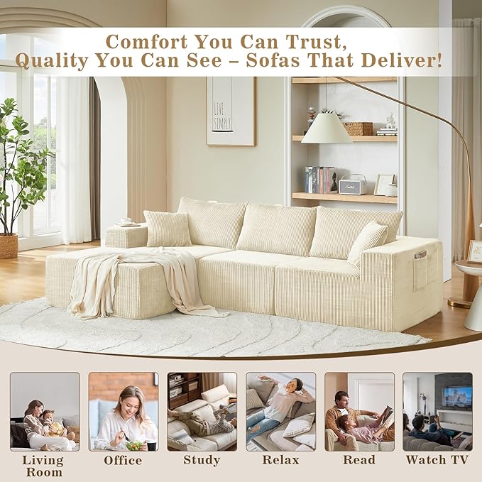 108 Sectional Couches for Living Room Cloud Couch Sofa with L-Shape Upholstered Boneless Couchs Modern Modular Sectional Couch with Chaise (White 108 W+Right Facing Chaise+2Seaters)