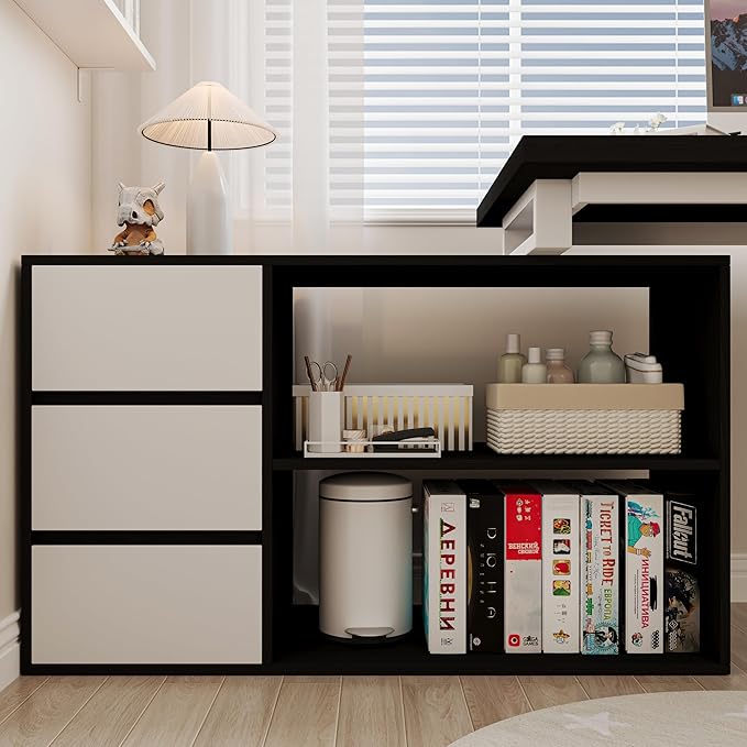 L Shaped Computer Desk 47 Inch Home Office Desk with File Drawers &amp Storage Shelves Small Corner Computer Desk for Small Space (White+Black)