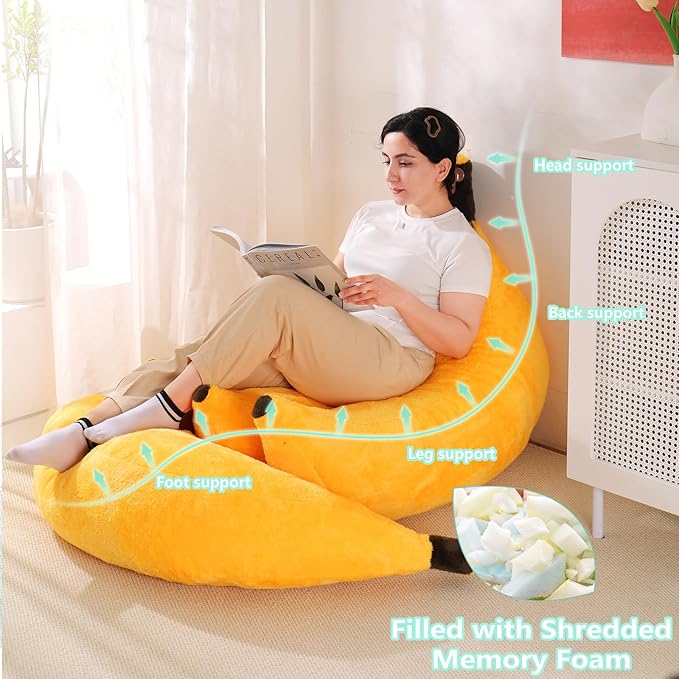 Banana Bean Bag Chair with Ottoman Floor Sofa Bed with Footrest Comfy Convertible Lounger for Teens &amp Adults Plush Couch for Bedroom Living Room or Dorm M-Yellow