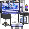 Aheaplus Desk with LED and Outlets Gaming Desk with Hutch 55.2'' Computer Desk with Drawers Reversible Office Desk with Storage Bookshelf Large Workstation Desk with Shelf Desk for Home Black
