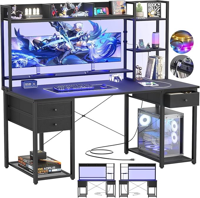 Aheaplus Desk with LED and Outlets Gaming Desk with Hutch 55.2'' Computer Desk with Drawers Reversible Office Desk with Storage Bookshelf Large Workstation Desk with Shelf Desk for Home Black
