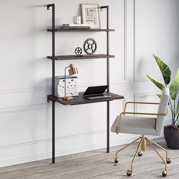Nathan James Theo 2-Shelf Industrial Wall Mount Ladder Table Small Computer or Writing Desk Nutmeg/Matte Black