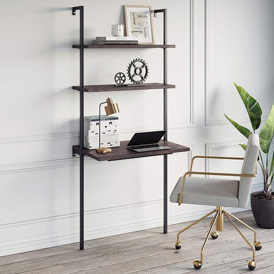 Nathan James Theo 2-Shelf Industrial Wall Mount Ladder Table Small Computer or Writing Desk Nutmeg/Matte Black