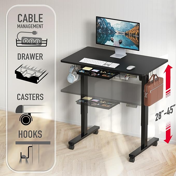 SHW 40-Inch Mobile Electric Height Adjustable Sit to Stand Desk with Drawer Hanging Hooks and Cable Management Black