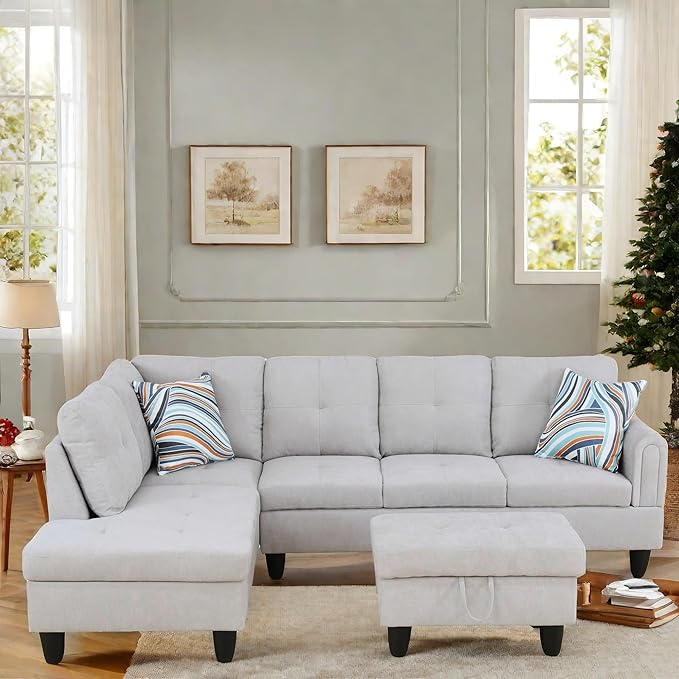 FONTOI L Shaped Sectional Couch with Otttoman 97 Sectional Sofa for Living Room Flannel Modular Couches with Cup Holders for Bedroom Apartments Light Grey