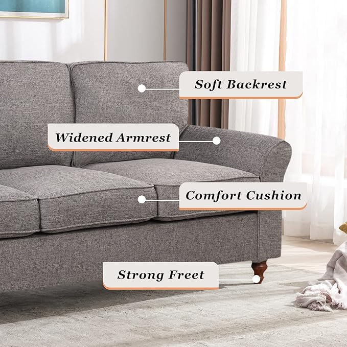 EBELLO Modern Linen Fabric Loveseat Sofa Upholstered 2-seat Sofa Couch Wood Frame and Sturdy Legs for Living Room Bedroom Office Grey