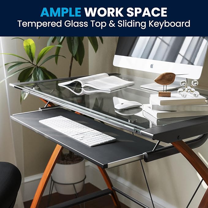 Flash Furniture Jude Tempered Glass Computer Desk with Pull-Out Keyboard Tray and Crisscross Frame Small Computer Desk for Home Office Cherry/Clear