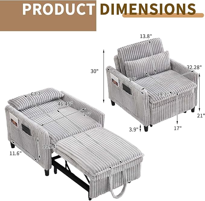 Modern Corduroy Fabric Sofa Bed Futon3 in 1 Convertible Pullout Bed Sleeper Couches with 3 Reclining BackrestsSmall Sofa Chair Bed for Living Room Bedroom (Light Grey)