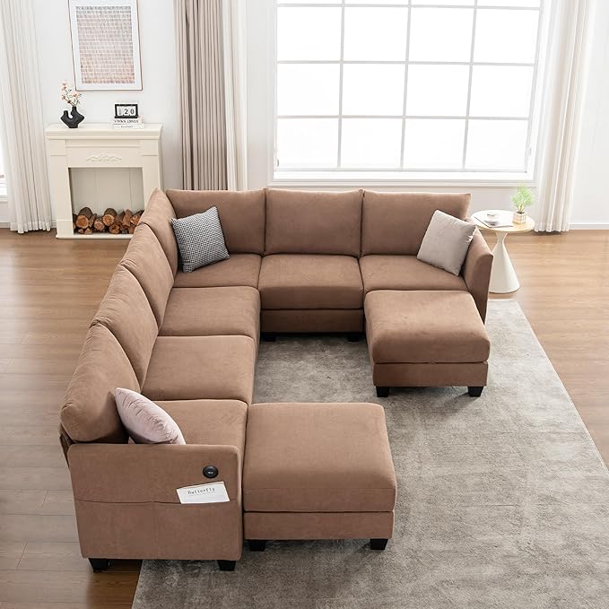 122.8 Large Sectional Couches for Living Room 6 Seater L Shaped Modular Sectional Sofa with Two Storage Ottomans &amp USB Oversized Corner Couch for Living Room（Brown）