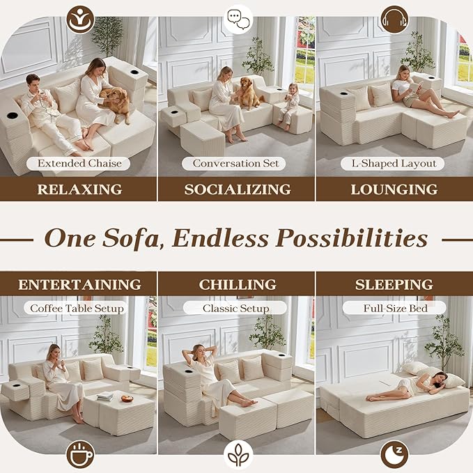 78.7 Inch Convertible Sofa Bed with 2 Ottomans 3-in-1 Folding Sleeper Couch &amp Flip-Up Armrest No Assembly Memory Foam Futon Bed for Small Space Floor Couch Lounge for Living Room ApartmentBeig