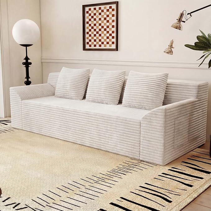 71 Small Boneless Couch Corduroy 3 Seater Couch for Living Room with 3 Pillows &amp Armrests Deep Seat Sofa for Small Spaces Apartment﻿ (White) | Small Boneless Couch