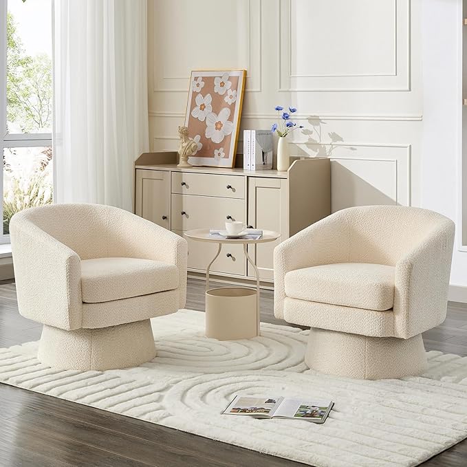 360° Swivel Accent Chair with Arms Modern Chenille Fabric Armchair with Curved Back &amp Soft Cushion Comfy Upholstered Chair for Living Room Bedroom Office Beige