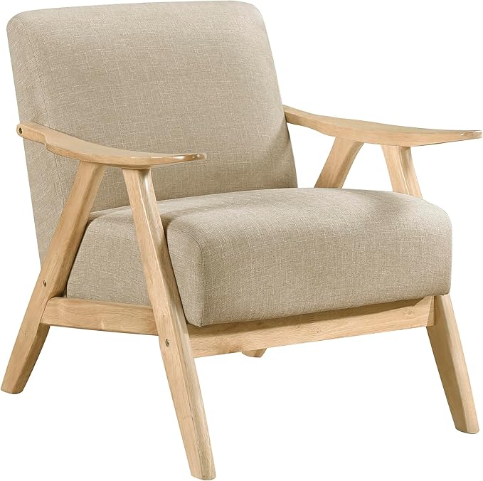 Lexicon Mid Century Modern Accent Chair with Solid Wood Frame in Natural Finish Textured Fabric Living Room Lounge Arm Chair Thick and Comfy Innerspring Seat Cushion Linen-Look Fabric Light Brown
