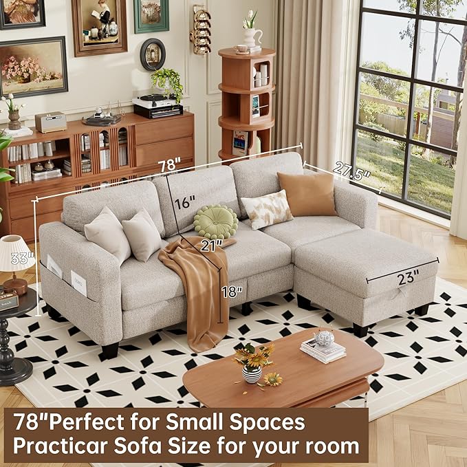 ZeeFu Sectional and Sofa Couches for Living Room - 78'' 3 Seater L-Shaped Modular Couch with Storage Ottoman - Modern Velevt Fabric Upholstered Sofa Set for Small Space Apartment Office (Mocha Brown)