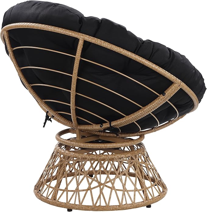 OSP Home Furnishings Wicker Papasan Chair with 360-Degree Swivel Natural Frame with Black Cushion