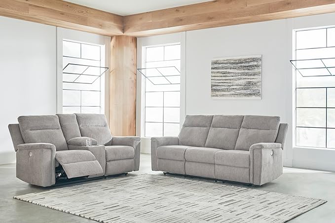 Signature Design by Ashley Barnsana Minimalist Power Reclining Sofa with USB Charging Ports Light Gray