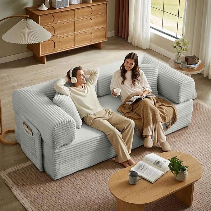 Boneless Couch Futon Sofa Bed Sectional Couches for Living RoomCloud Couch with Sleeper SofaSofas for Living Room Oversized Corduroy Upholstered (Light Grey 81 Inches (with Iron Frame))