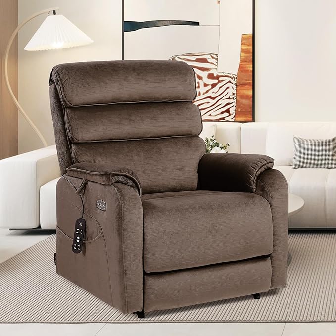 EONIX Dual Motor Lay Flat Power Lift Recliner Chair for Elderly Chenille Fabric Electric Lift Chairs for Adults 400lbs Heavy Duty Power Recliner with Heat Massage Charging Ports Chenille Brown