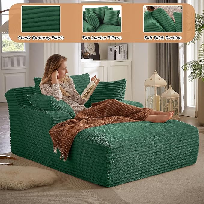 49.2Oversized Chaise Lounge Chair IndoorCorduroy Boneless Reading Chair with 3 PillowsDeep Seat Cloud Sofa BedComfy Modern Sleeper Chairs in Box for Living Room BedroomNo Assembly(Green)