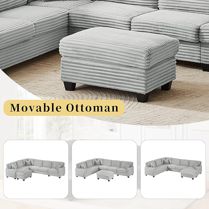 125.2 Sectional Sofa U-Shaped Upholstered Sofa L-Shaped Couch with a Movable Ottoman and Side Storage Pockets for Living Room Grey