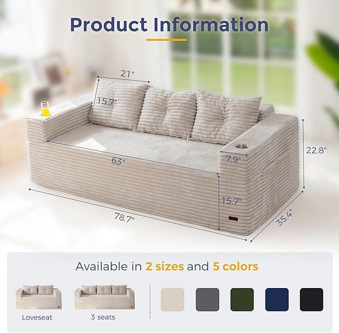 MAXYOYO 79 Oversized Boneless Loveseat Sofa Couch for Small Spaces Mini Love Seat Floor Couch with Cup Holders and Pillows 3-Seater Upholstered Cloud Couch for Bedroom No Assembly Required