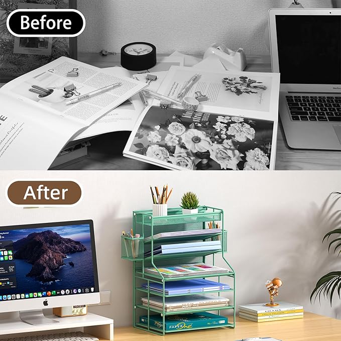 7 Tier Desk File OrganizerMetal Document Holder with Adjustable Shelves Pull-Out Drawer &amp Removable Pen Holder for Office OrganizationGreen