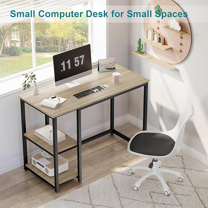 SINPAID Computer Desk 47 inches with 2-Tier Shelves Sturdy Home Office Desks with Large Storage Space Modern Gaming Desk Study Writing Laptop Table Oak