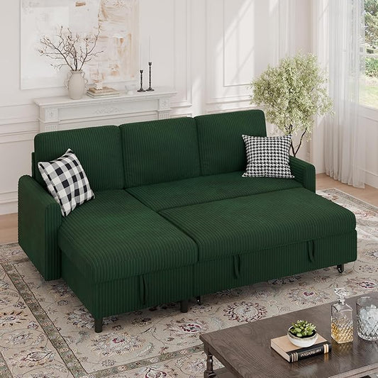 Walsunny Sectional Sofa Couch L Shaped Sleeper Sofa Bed Pull Out Bed with Storage Reversible Sectional Couches for Living Room Apartment Office(Green)