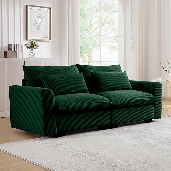 Oversized Modular Sectional Sofa 86 Inch Loveseat Sofa Corduroy Deep Seat Comfy Couch with Waist Pillow for Living Room Apartment Green