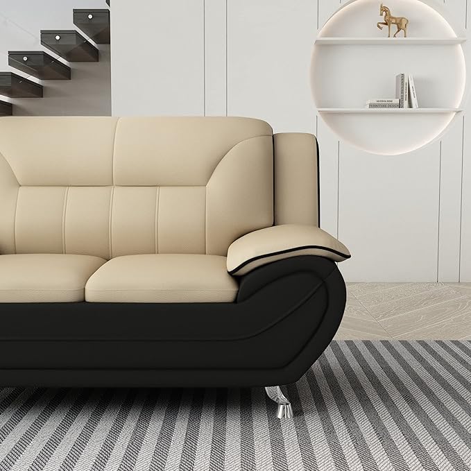 Michael Modern Faux Leather Upholstered Stainless Steel Legs Living Room Loveseat Black Camel