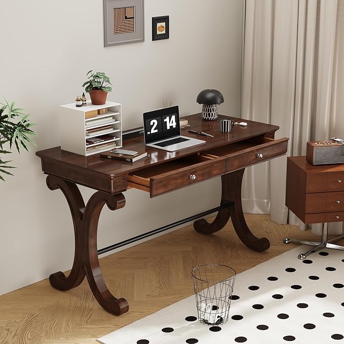 LEEMTORIG Traditional Solid Wood Writing Desk Large Secretary Desk with 2 Drawers Mahogany Cherry Wood Writing Table for Home Office 47.2 W French Provincial Desks Cherry Walnut SSZ-D0036-DCR