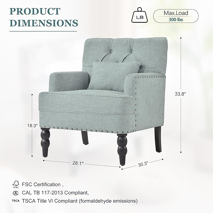 HUIMO Accent Chairs Set of 2 Tufted Club Chair Set of 2 with Lumbar PillowUpholstered Button Armchair Linen Fabric Sofa Chairs for Bedroom Living Room Mid Century Modern Reading ChairLight Blue