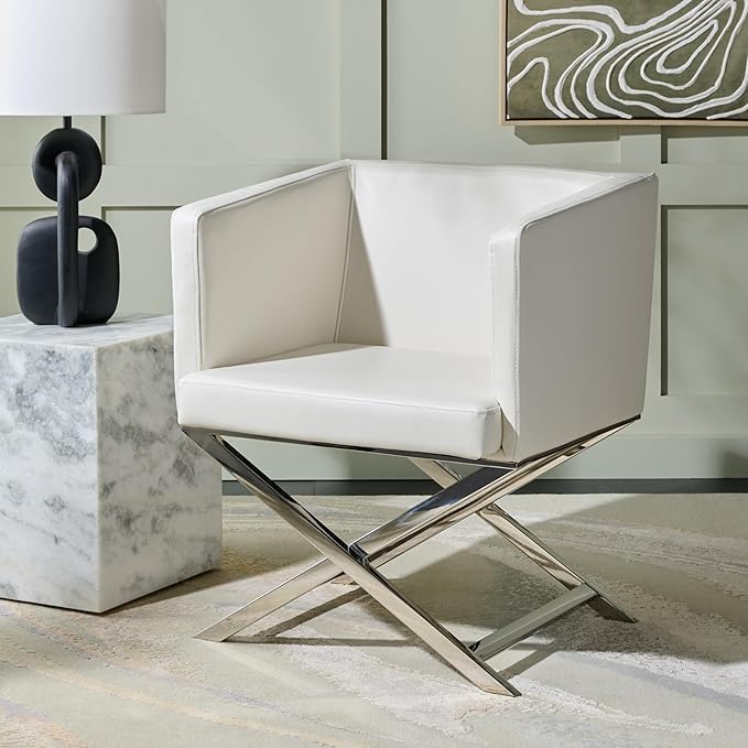 Safavieh Home Collection Celine White and Chrome Modern Glam Bonded Leather Cross Leg Chair