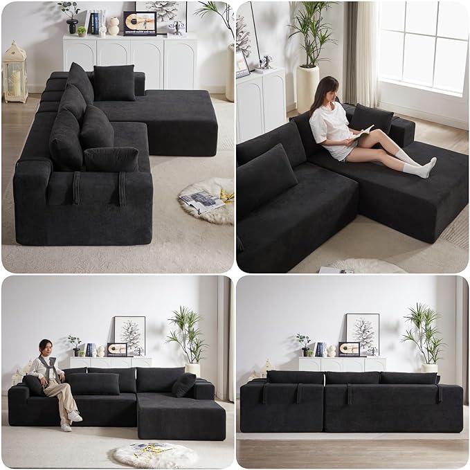 KEIKI 108 L Shaped Chenille Modular Sectional Couches Sofa with 6 Pillows 4 Seater Oversized Upholstered Cloud Couch for Living Room Apartment Full Sponge Compression Black Left Chaise