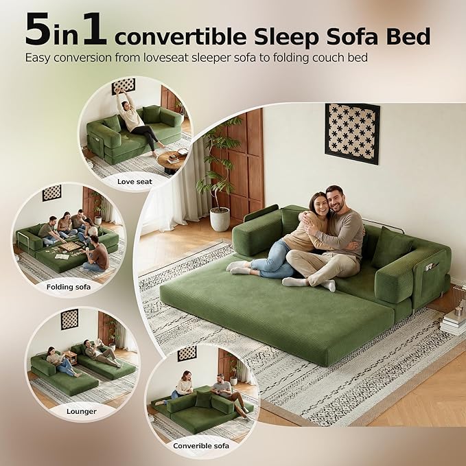 79 Convertible Sofa Bed Corduroy Folding Mattress Couch with Fixed-Shape Frame Boneless Couch for Living Room No Assembly Needed (Green)