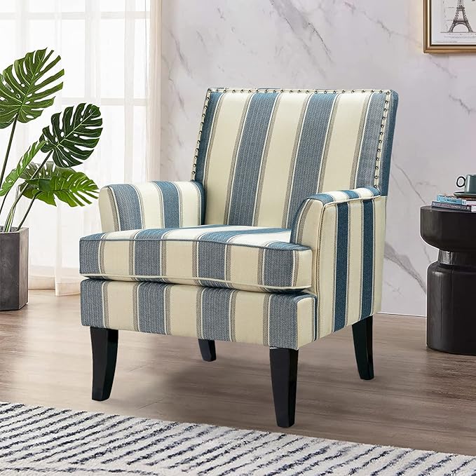 HULALA HOME Modern Accent Chair with Arms and Wooden Legs Mid Century Accent Chair Armchair High Back Rest Padded Armrest and Comfortable Cushioned Seat for Living Room (Stripe Blue)
